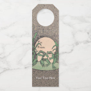 Funny Fighting Green Frogs on Lily Pad Full Moon Bottle Tag