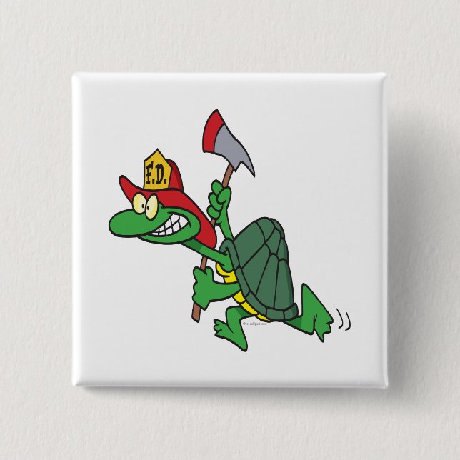 funny fireman firefighter turtle cartoon 15 cm square badge (Front)