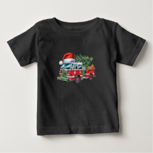 Funny Firetruck Santa Hat Christmas Tree Lights Baby T-Shirt