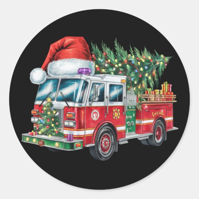 Funny Firetruck Santa Hat Christmas Tree Lights  Classic Round Sticker (Front)