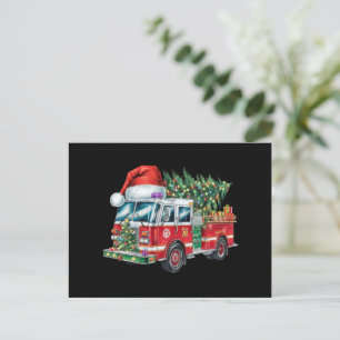 Funny Firetruck Santa Hat Christmas Tree Lights  Holiday Postcard