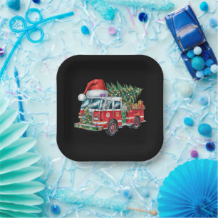 Funny Firetruck Santa Hat Christmas Tree Lights  Paper Plate