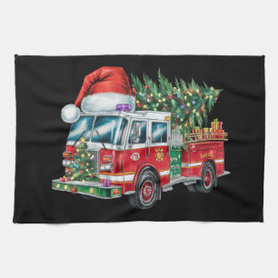 Funny Firetruck Santa Hat Christmas Tree Lights  Tea Towel