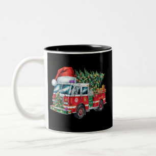 Funny Firetruck Santa Hat Christmas Tree Lights  Two-Tone Coffee Mug