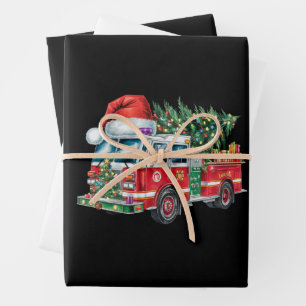 Funny Firetruck Santa Hat Christmas Tree Lights Wrapping Paper Sheet