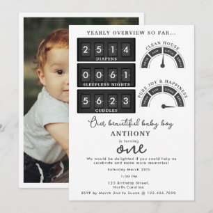 Funny First Birthday Baby Boy Girl Stats Photo Invitation