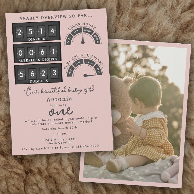 Funny First Birthday Baby Girl Cute Stats Photo Invitation (Funny First Birthday Baby Girl Cute Stats Photo Invitation)