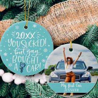 Funny First Car photo keepsake Ceramic Tree Decoration