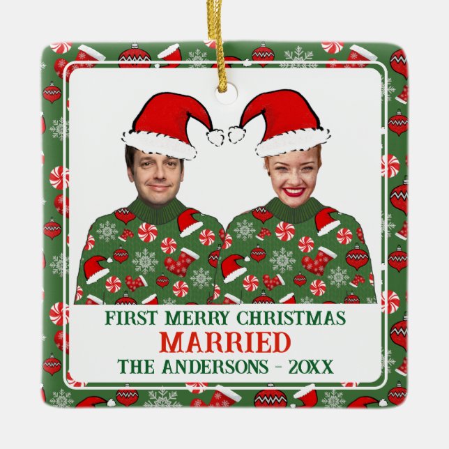 Funny First Merry Christmas Married Ugly Sweater Ceramic Ornament (Front)