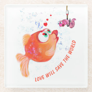 Funny Fish and Worm Love Glass Coaster Cartoon