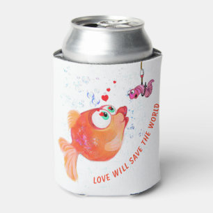 Funny Fish and Worm Love Romantic Can Cooler