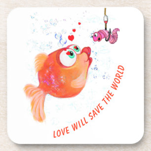 Funny Fish and Worm Love Romantic Cartoon Coaster