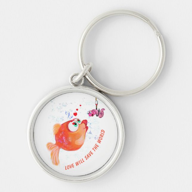 Funny Fish and Worm Love Romantic Cartoon Drawing  Key Ring (Front)