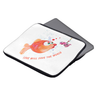 Funny Fish and Worm Love Romantic Cartoon Drawing Laptop Sleeve