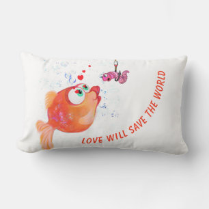 Funny Fish and Worm Love Romantic Cartoon Drawing Lumbar Cushion