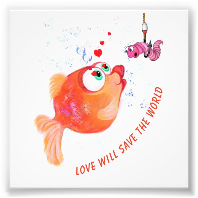 Funny Fish and Worm Love Romantic Cartoon Drawing  Photo Print (Front)