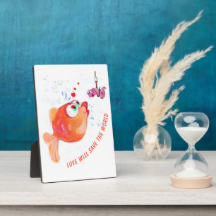 Funny Fish and Worm Love Romantic Cartoon Drawing Plaque