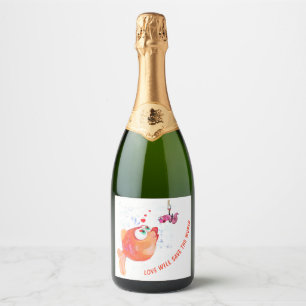 Funny Fish and Worm Love Romantic Cartoon Drawing Sparkling Wine Label
