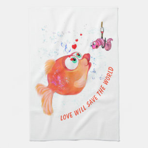 Funny Fish and Worm Love Romantic Cartoon Drawing  Tea Towel
