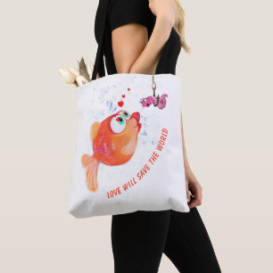 Funny Fish and Worm Love Romantic Cartoon Drawing Tote Bag