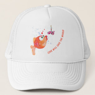 Funny Fish and Worm Love Romantic Cartoon Drawing  Trucker Hat