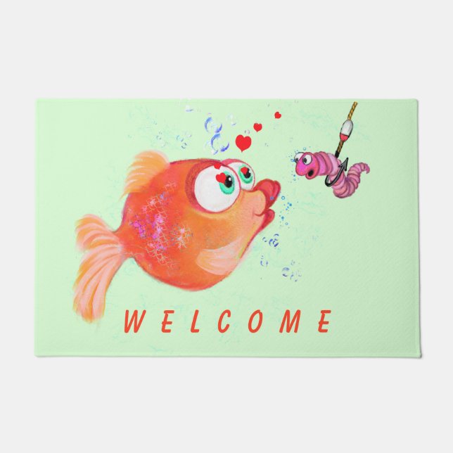 Funny Fish and Worm Love Romantic - Welcome Doormat (Front)