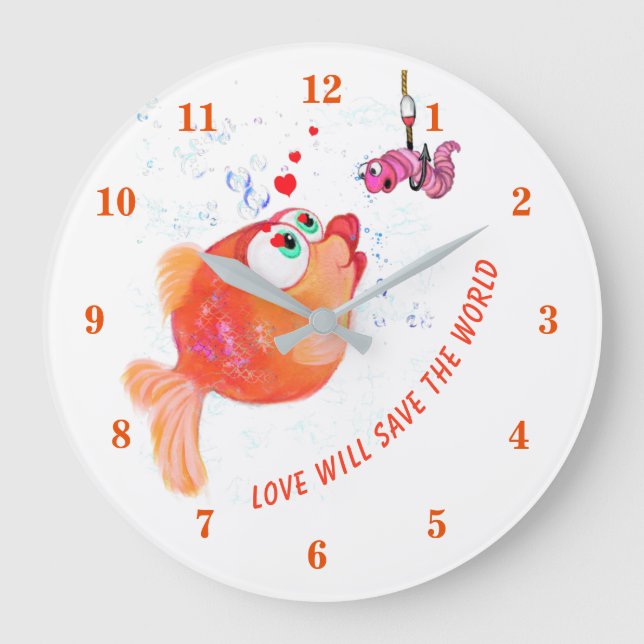 Funny Fish and Worm - Love Will Save The World Large Clock (Front)