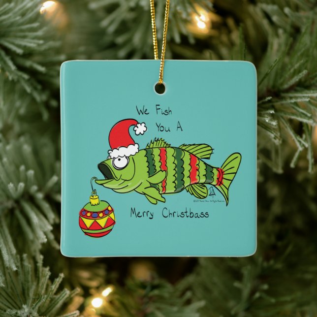 Funny Fish Christmas Bass Fishing Cute Cartoon Ceramic Ornament (Tree)