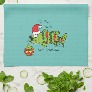 Funny Fish Christmas Bass Fishing Cute Cartoon Tea Towel