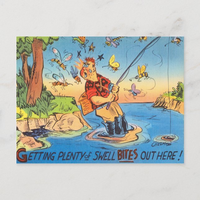 Funny Fish Fisherman Postcard Fishing Cartoon (Front)