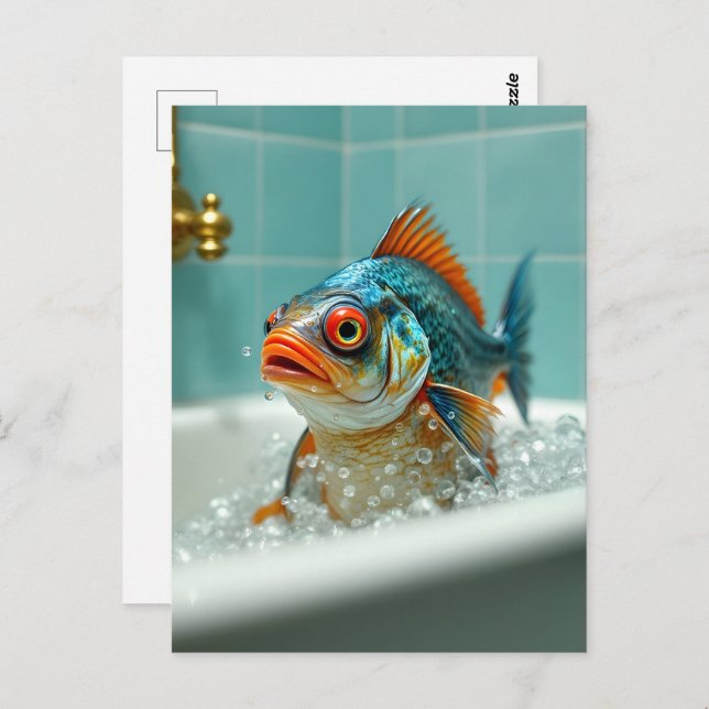 Funny fish in the bath postcard (Front/Back)