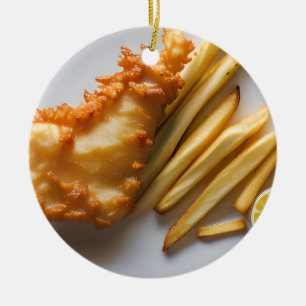 Funny Fish Pun Christmas Fish and Chips Ceramic Tree Decoration