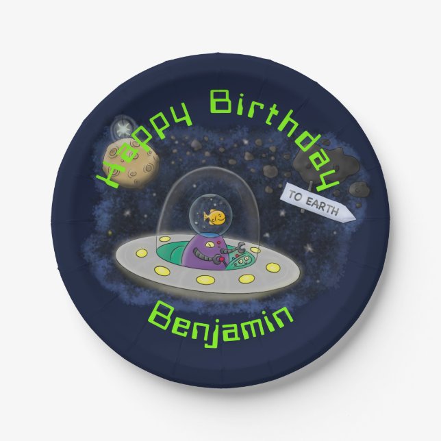 Funny fish UFO space ship cartoon illustration Paper Plate (Front)