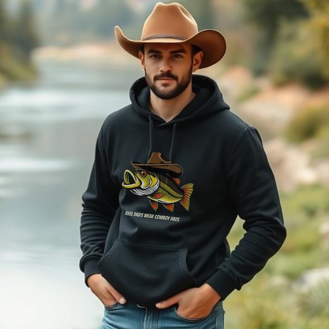 Funny-Fish Wearing a Cowboy Hat-Dad- Hoodie (Bass Fish with a Cowboy Hat Funny Hoodie for Fathers Day)