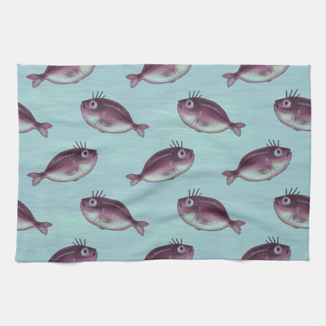 Funny Fish With Fancy Eyelashes Pattern Tea Towel (Horizontal)