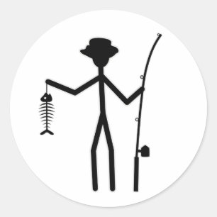 Funny Fisherman Stick Figure Holding Fish Bones Classic Round Sticker
