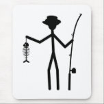 Funny Fisherman Stick Figure Holding Fish Bones Mouse Pad<br><div class="desc">A stick person fisherman wearing a hat is holding skeletal fish bones and fishing pole. Use customise button> text button to add names or message to this design. Customise > edit can be used to change background colour.</div>