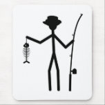 Funny Fisherman Stick Figure Holding Fish Bones Mouse Pad<br><div class="desc">A stick person fisherman wearing a hat is holding skeletal fish bones and fishing pole. Use customise button> text button to add names or message to this design. Customise > edit can be used to change background colour.</div>