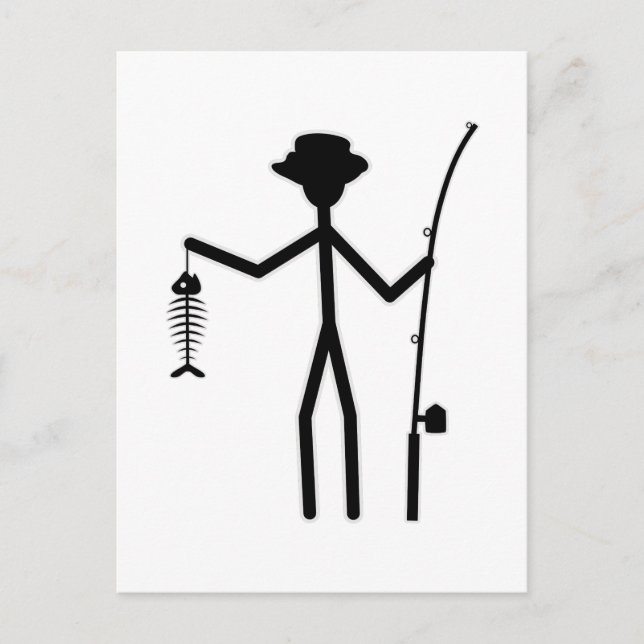 Funny Fisherman Stick Figure Holding Fish Bones Postcard (Front)