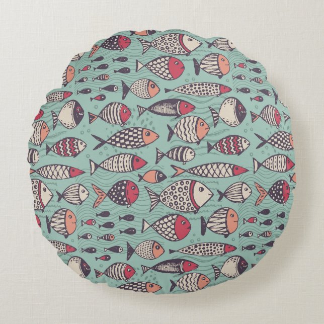 Funny fishes: hand-drawn seamless pattern. round cushion (Front)