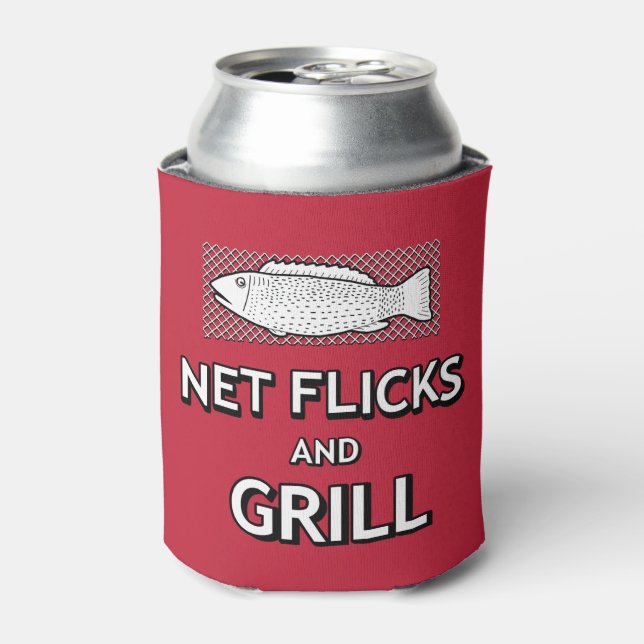 Funny Fishing Cast Net Fish Parody Joke Can Cooler (Can Front)