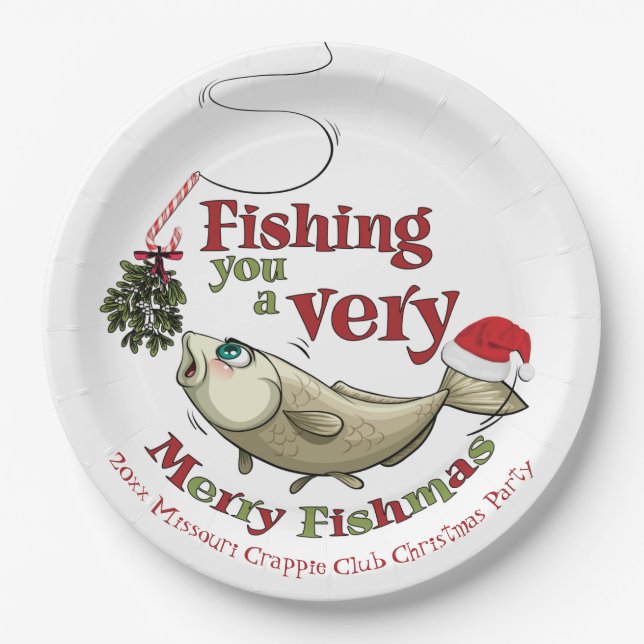 Funny Fishing Christmas - Merry Fishmas Mistletoe Paper Plate (Front)
