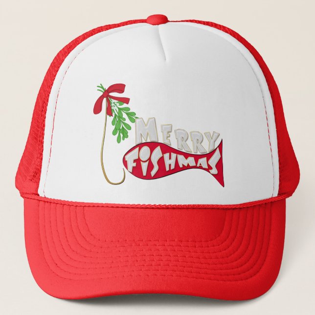 Funny Fishing Christmas Merry Fishmas Trucker Hat (Front)