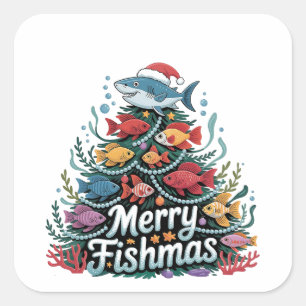 Funny Fishing Christmas Tree Fish Fisher Lover Square Sticker