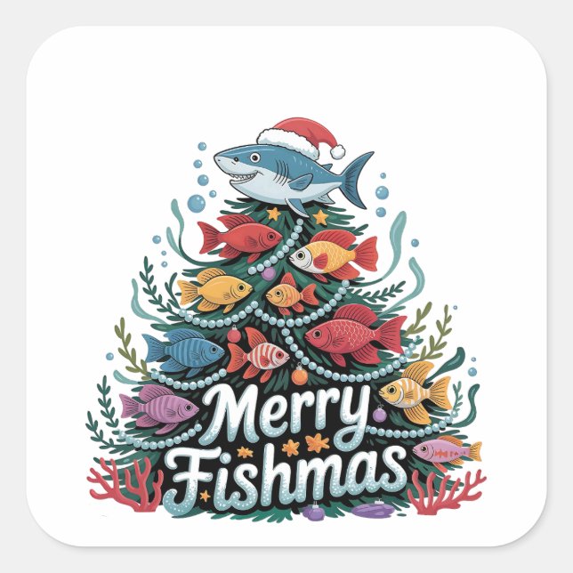 Funny Fishing Christmas Tree Fish Fisher Lover  Square Sticker (Front)