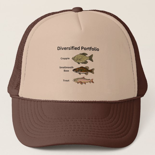 FUNNY FISHING DIVERSIFIED PORTFOLIO BASS TROUT  T- TRUCKER HAT (Front)
