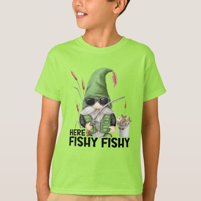 funny fishing gnome word art boys kid T-Shirt (Front)