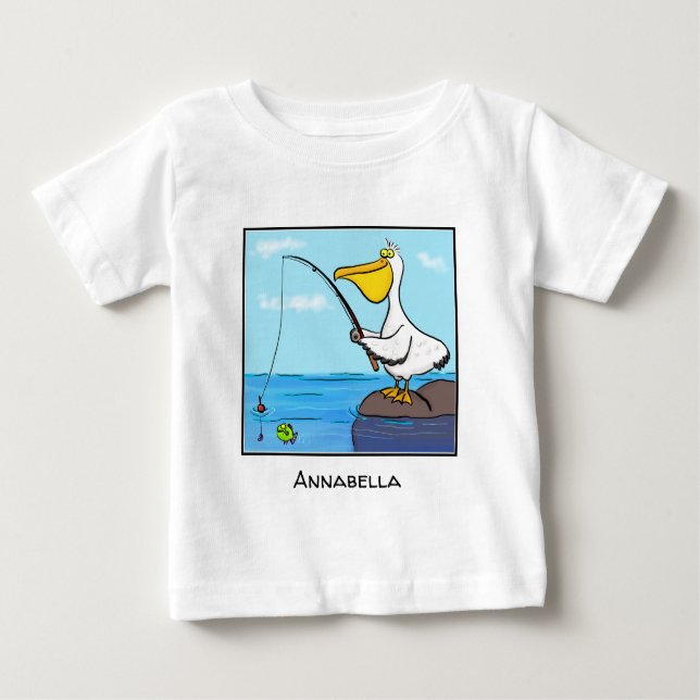Funny fishing pelican cartoon baby T-Shirt (Front)