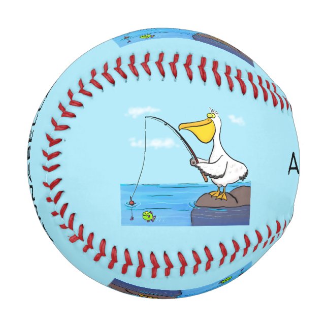Funny fishing pelican cartoon baseball (Front Left)