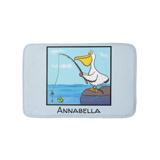 Funny fishing pelican cartoon bath mat (Front)